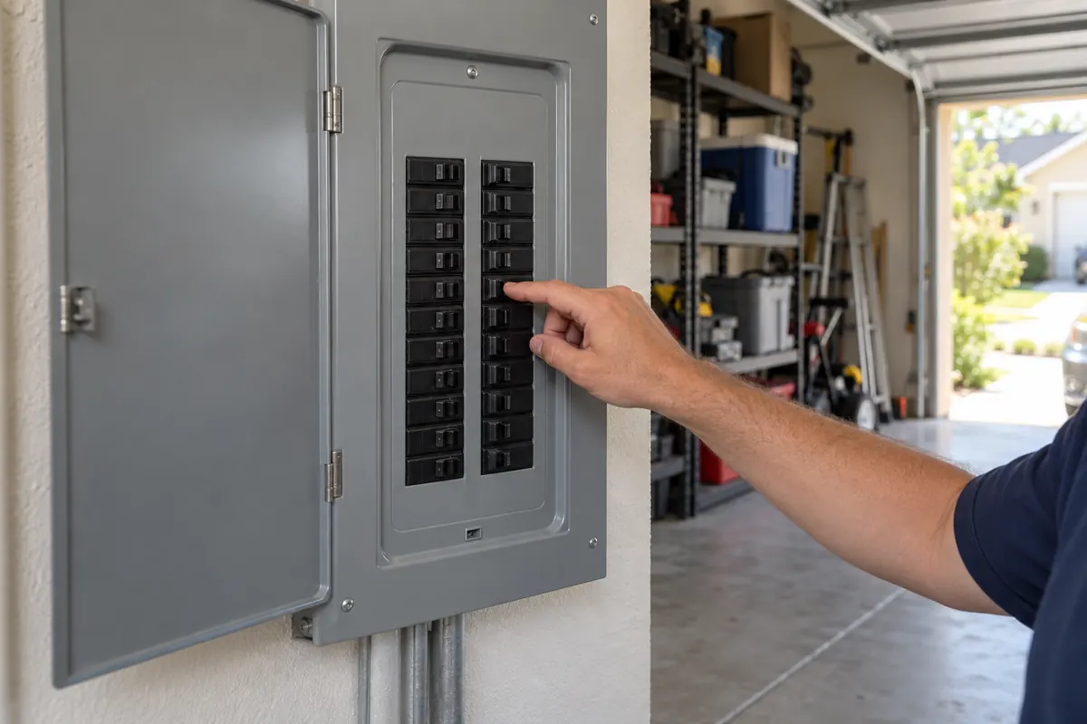 A hand switching off a breaker in a panel on a dry garage wall