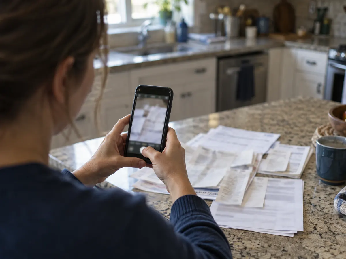 A homeowner photographing claim paperwork with a phone