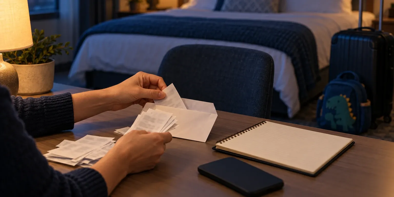A homeowner sorting receipts at a desk in a temporary room, suitcases by the bed