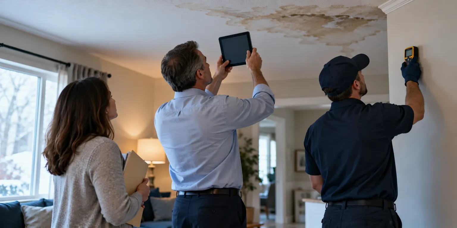 An adjuster, a contractor and a homeowner looking at a stained ceiling during an inspection