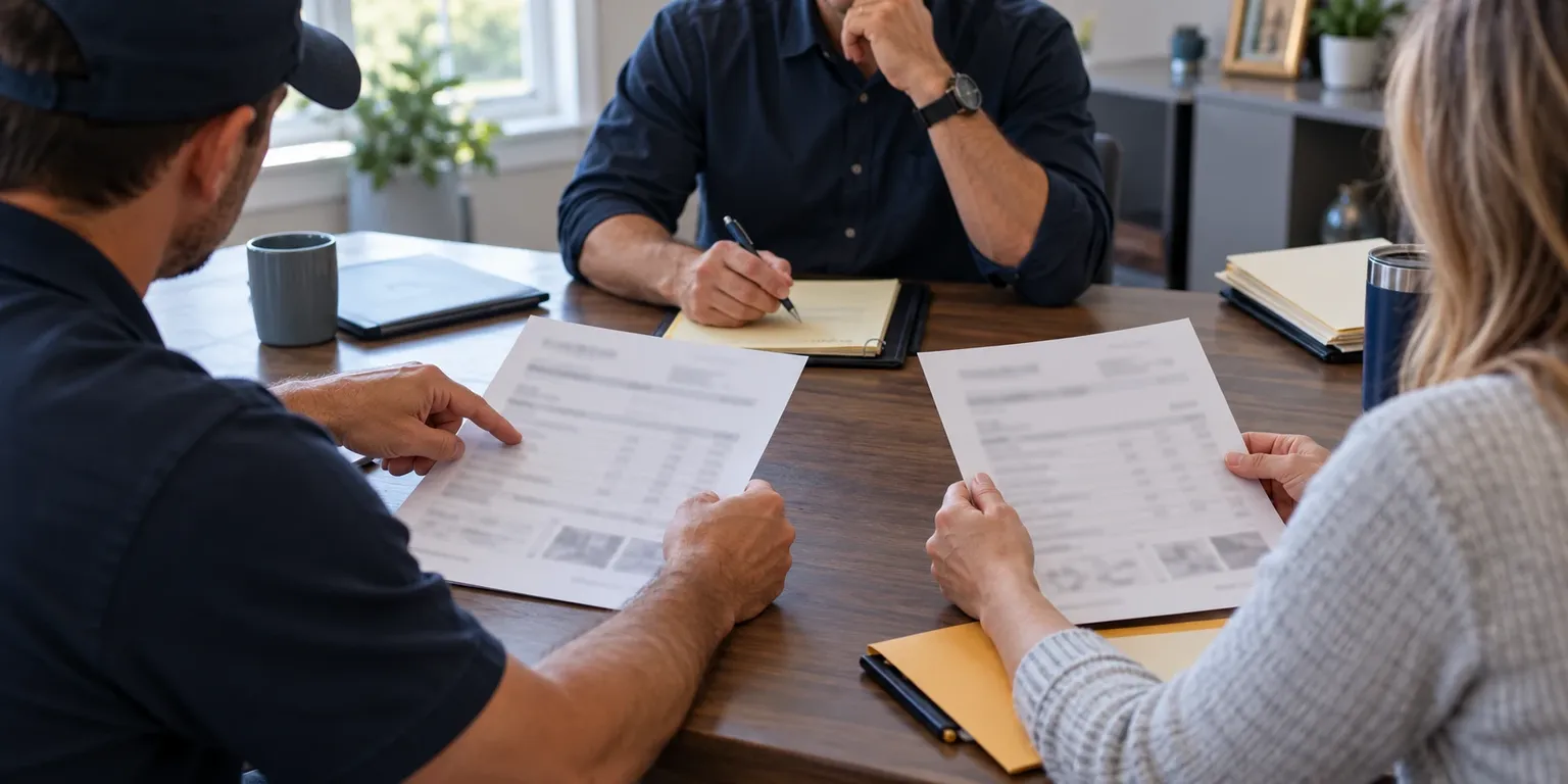 Two appraisers and an umpire at a conference table with their estimates