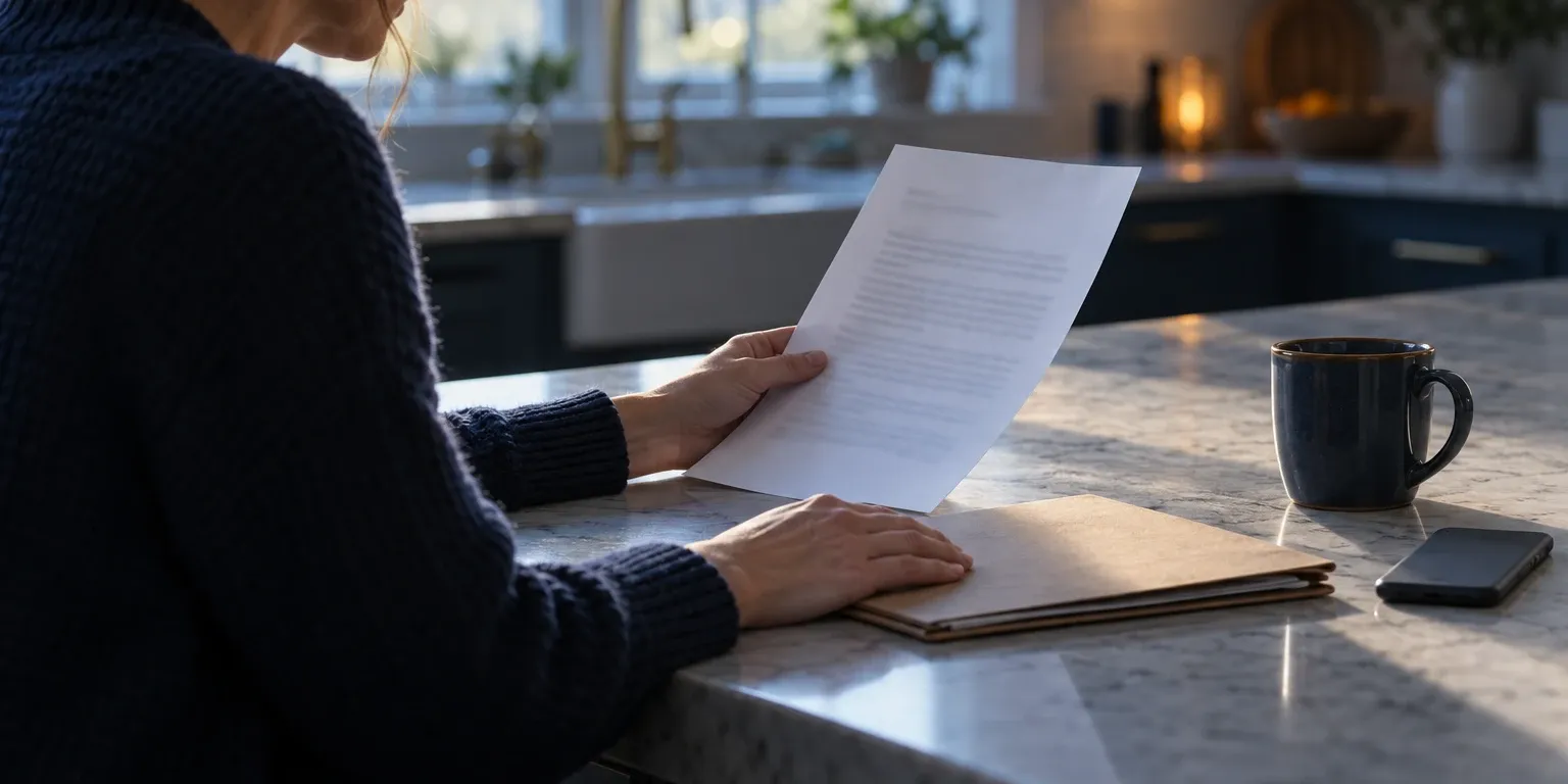 A homeowner at the counter reading a letter about the claim