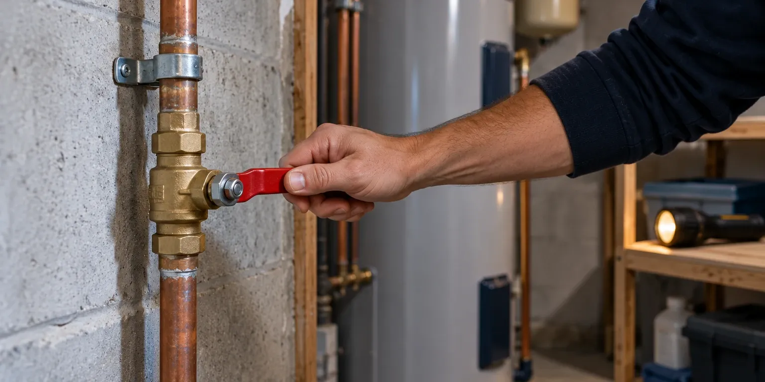 A hand closing the main water valve where the line enters the basement