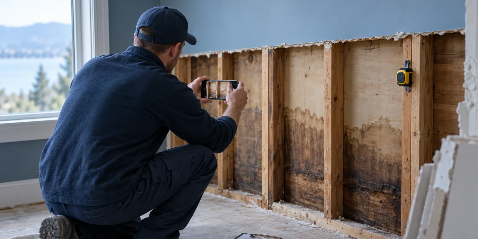A contractor photographing hidden water damage inside an opened wall