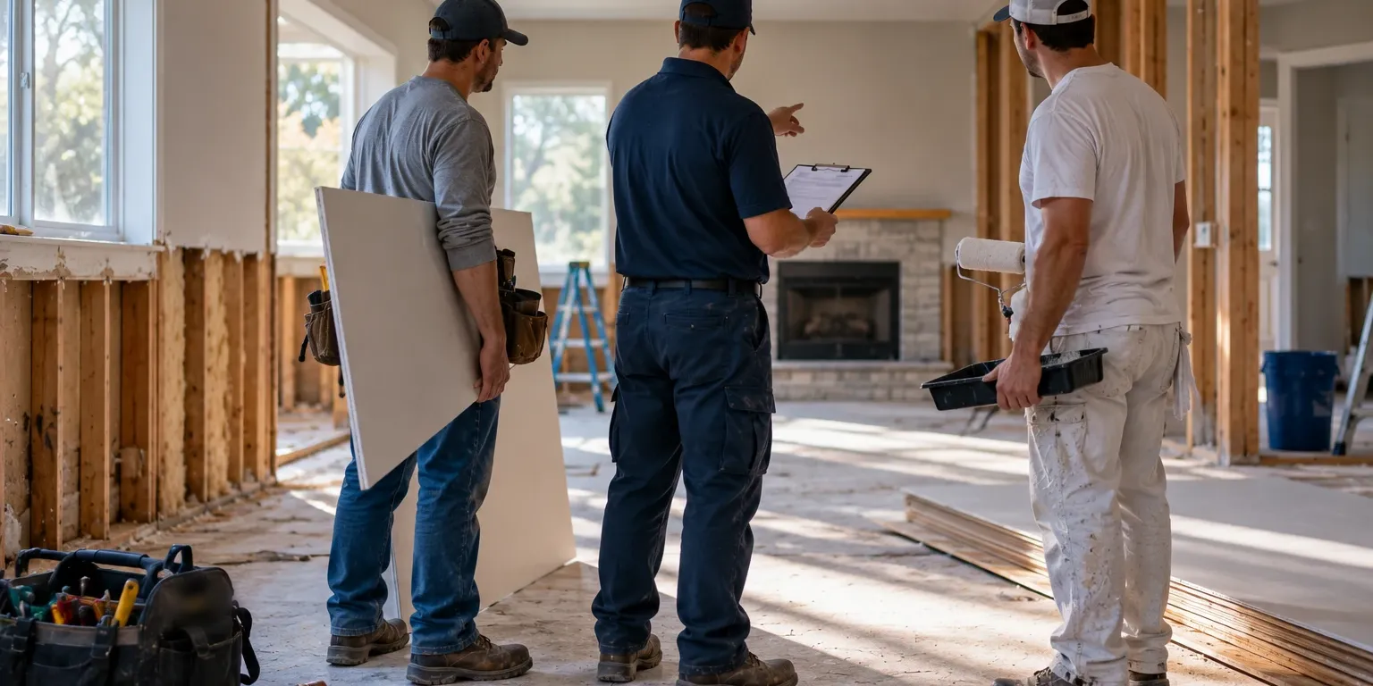 A general contractor coordinating three trades in a gutted living room