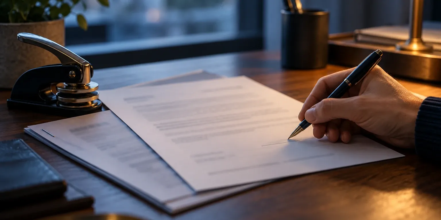 A hand about to sign a form on a desk, with the estimate underneath