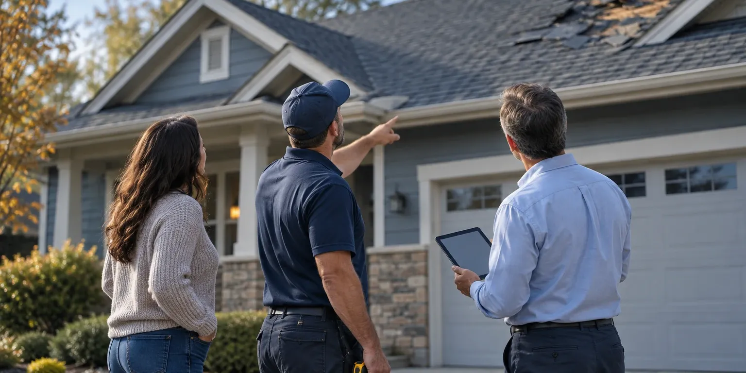 A homeowner, a contractor and an adjuster looking at a damaged roof from the driveway