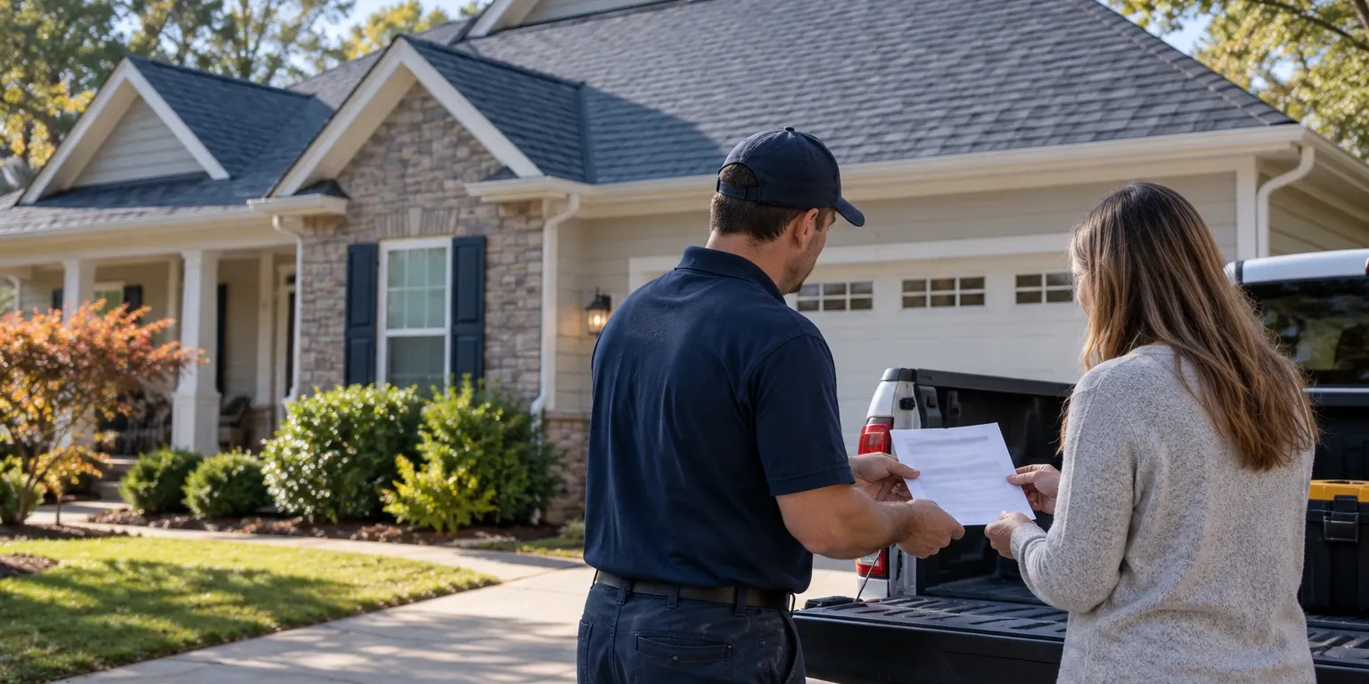 A contractor handing paperwork to a homeowner in front of a newly replaced roof