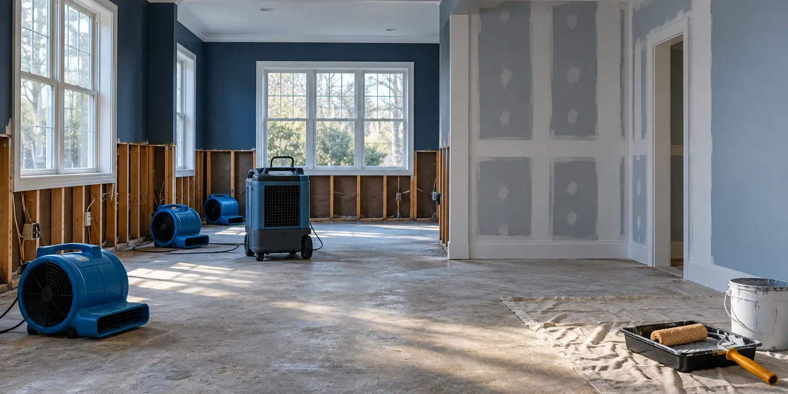 One room shown from its drying stage on the left to new drywall and paint on the right