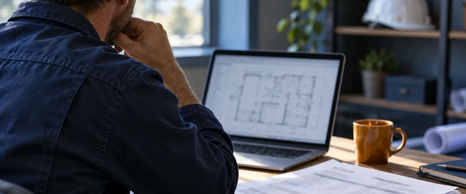 A contractor at a desk with a floor-plan sketch on a laptop and printed estimates