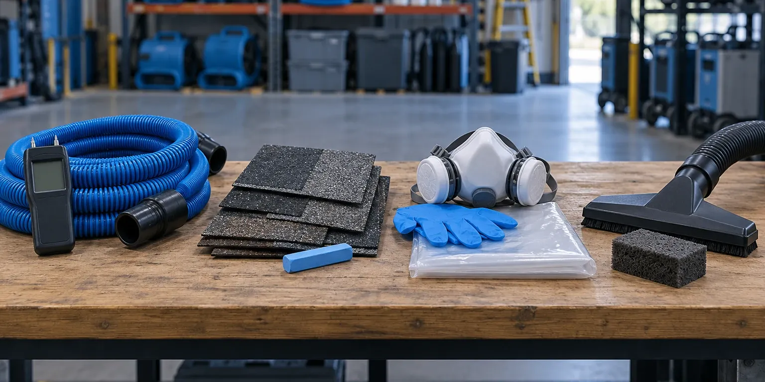 Tools for water, roof, mold and fire work laid out in groups on a workbench