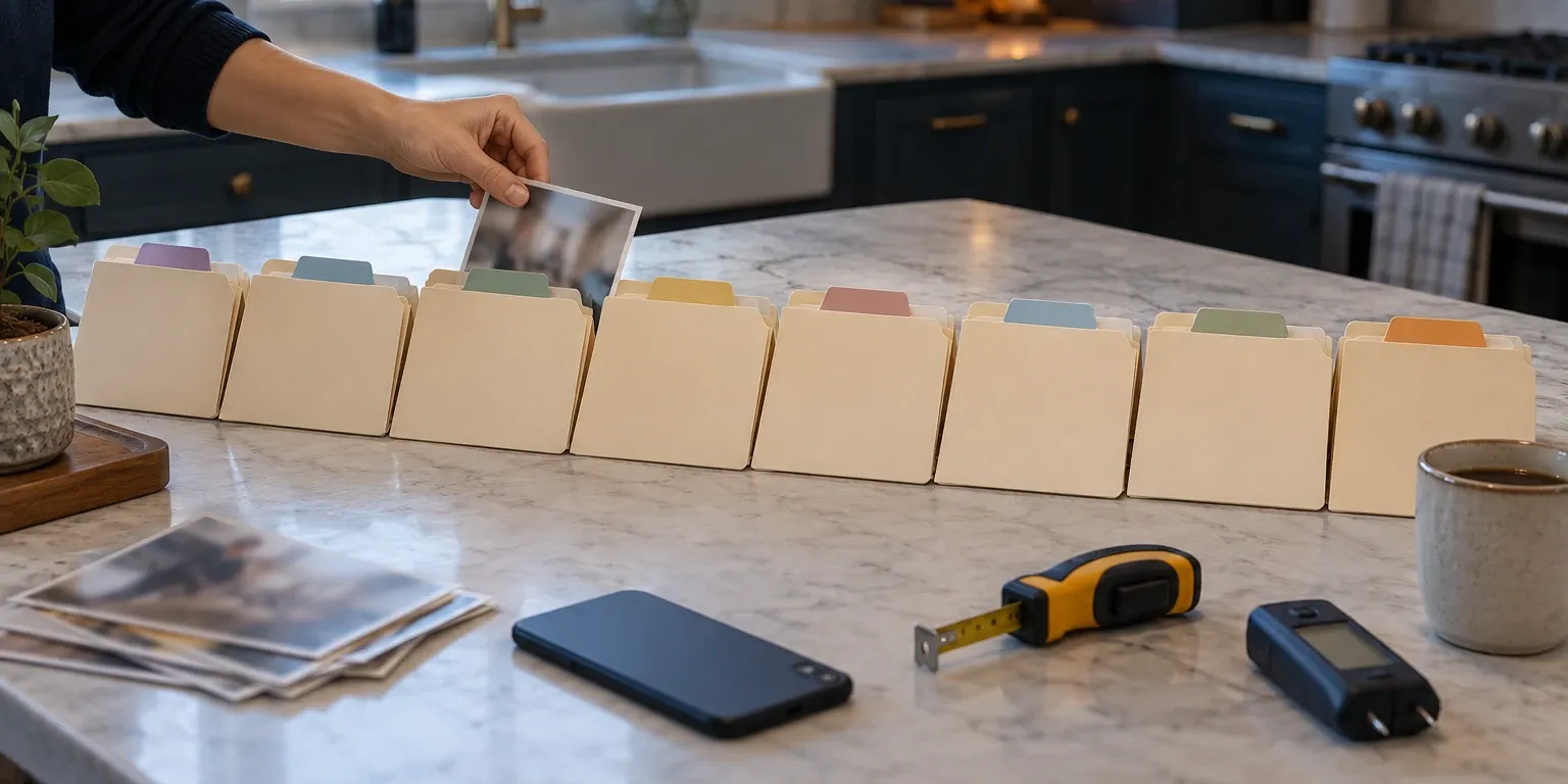 Eight folders in a row on a kitchen island, one claim document being filed