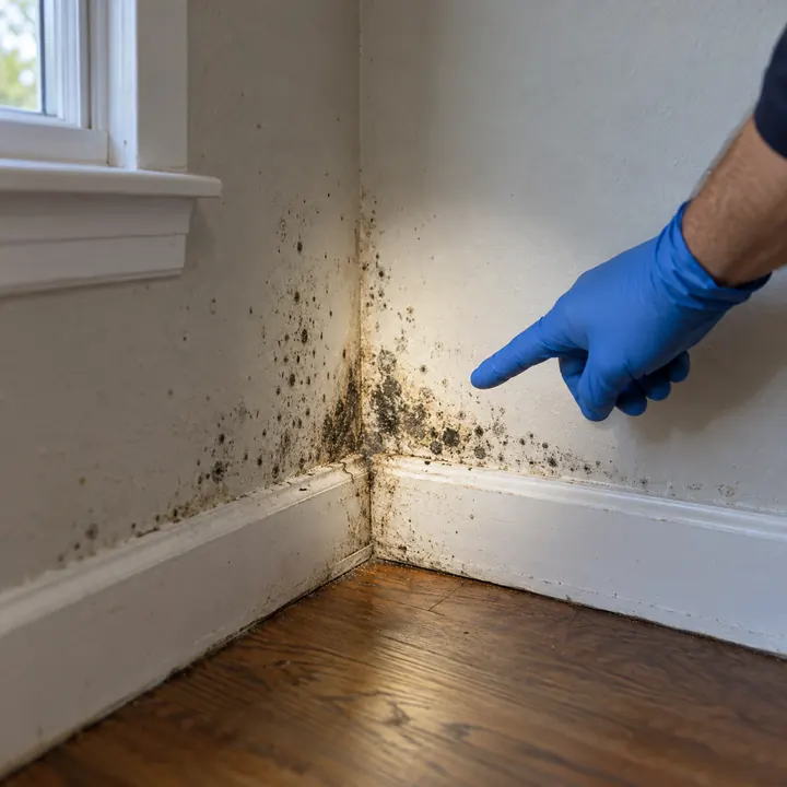A gloved hand pointing at mold in a wall corner