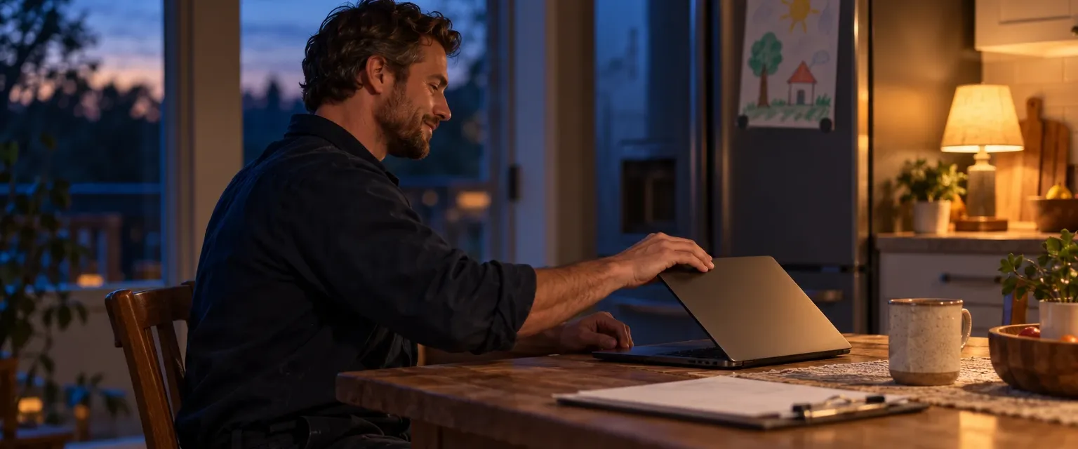 A contractor closing a laptop at the kitchen table in the evening