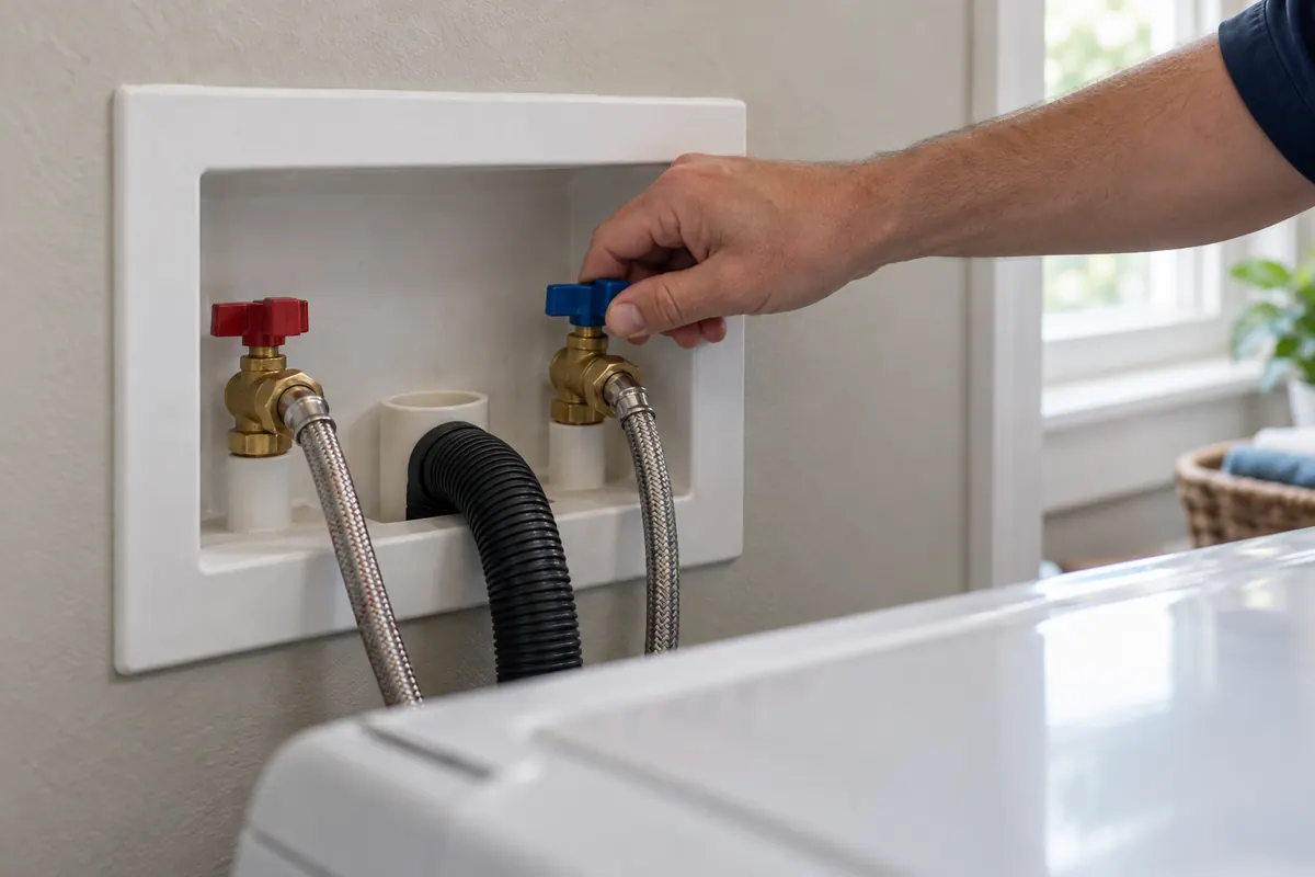 A hand turning the red hot-water valve in the supply box behind a washing machine