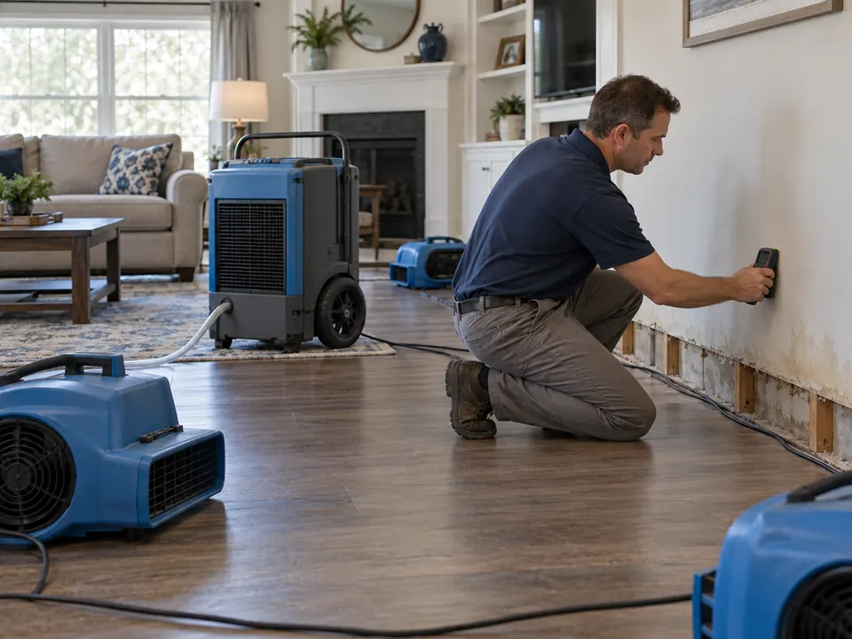 Air movers and a dehumidifier drying a living room