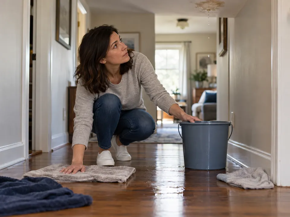 A homeowner mopping up water with a bucket and towels